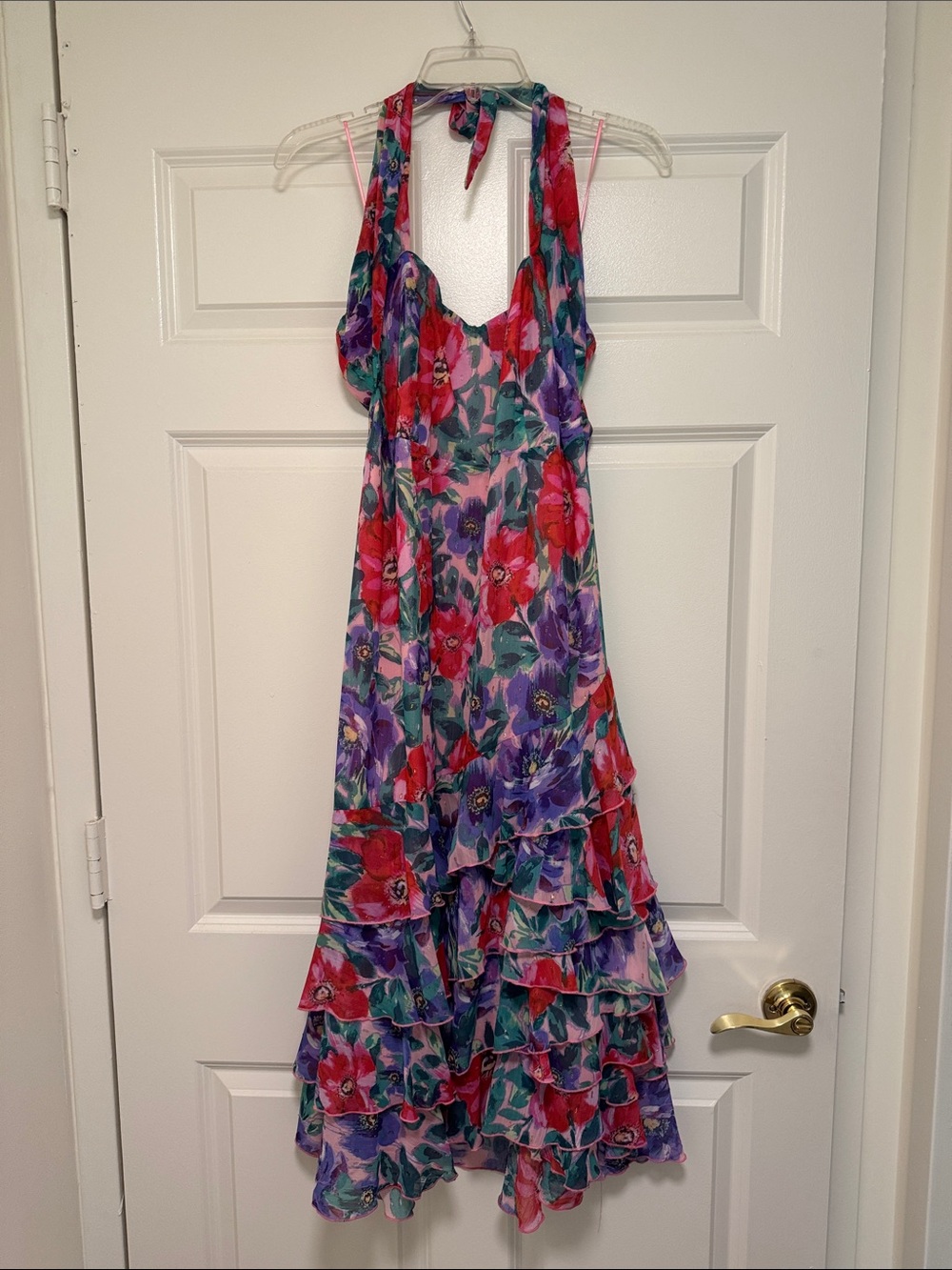 Aqua Red & Purple Floral Halter High-Low Ruffle Dress